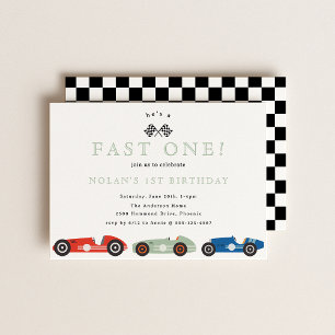 Retro Race Car Fast One Theme Birthday Invitation