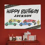 Retro Race Car Kids Birthday Banner<br><div class="desc">Imagine the joy and excitement on your child's face when they see their birthday party decorated with our Boys' Racing Car Birthday Party Banner. With its neat white background, it features beautiful watercolor race cars, meandering roads, a chequered flag, and a shiny trophy – all the elements of a thrilling...</div>