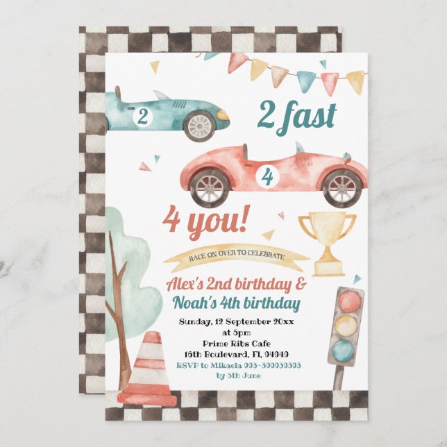 Retro Race Car Sibling Boys Birthday Invitation (Front/Back)