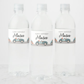 Retro Race Car Themed Birthday Water Bottle Label