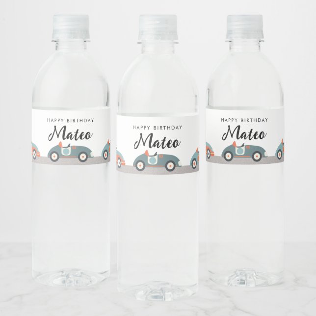 Retro Race Car Themed Birthday Water Bottle Label (Bottles)