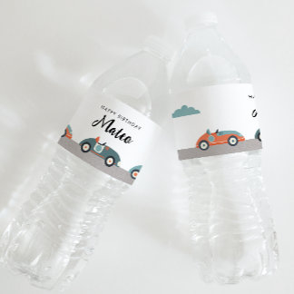 Retro Race Car Themed Birthday Water Bottle Label
