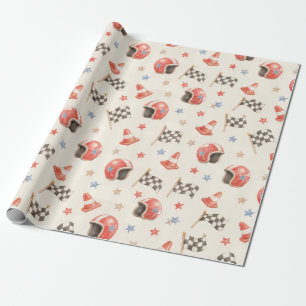 Retro Racing Helmet Chequered Flag Birthday Wrapping Paper