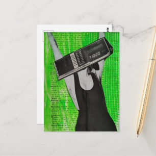 Retro Radio Alarm Clock Woman on Green Collage Postcard