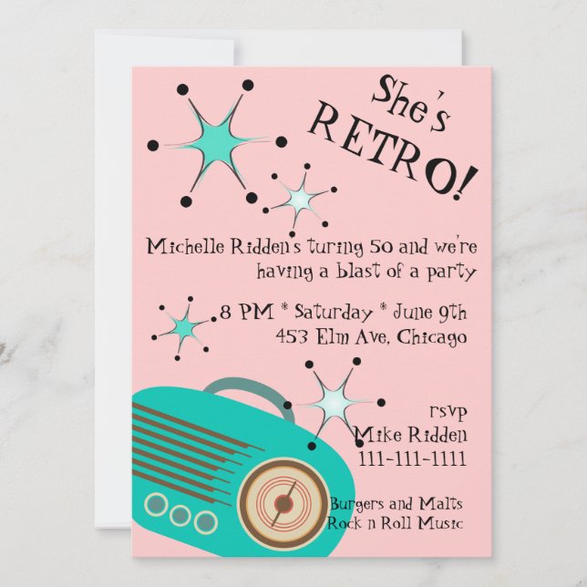 Retro Radio Pink and Turquoise Birthday Invitation (Front)