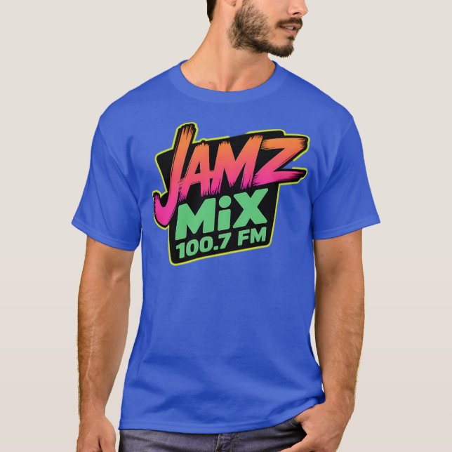 Retro Radio T-Shirt – JAMZ MIX 100.7 FM Neon Style (Front)