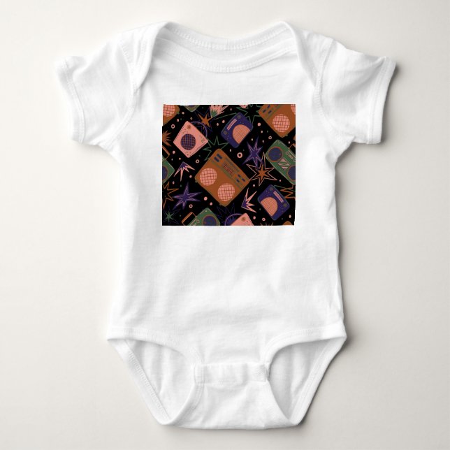 Retro radios, tape recorders pattern. baby bodysuit (Front)