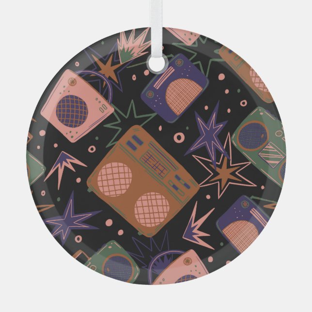 Retro radios, tape recorders pattern. glass tree decoration (Front)