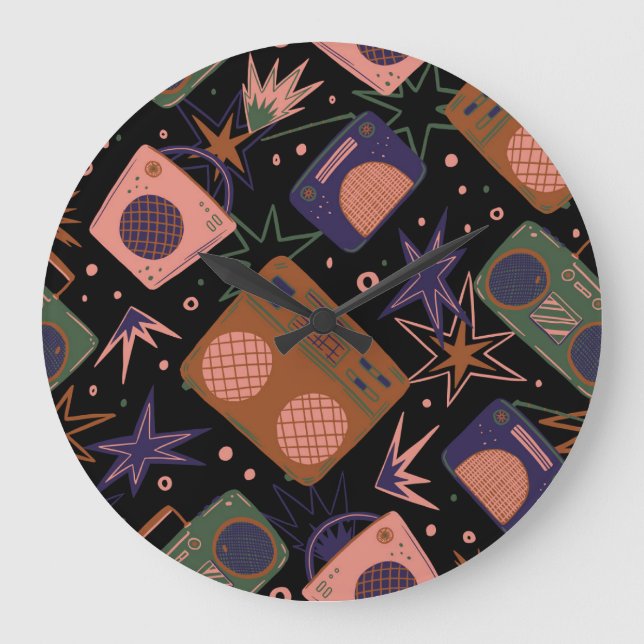 Retro radios, tape recorders pattern. large clock (Front)