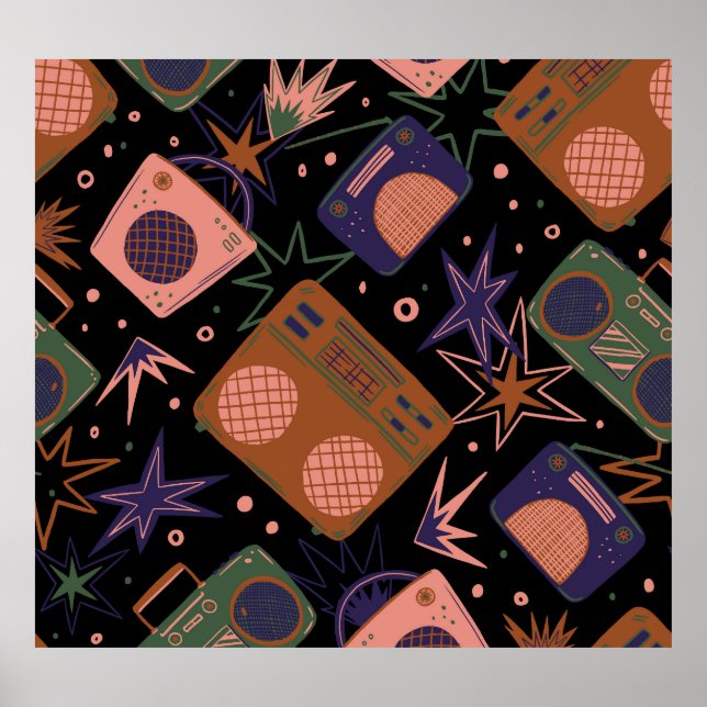 Retro radios, tape recorders pattern. poster (Front)