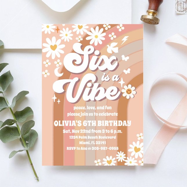Retro Rainbow 6th Birthday Invitation (Creator Uploaded)
