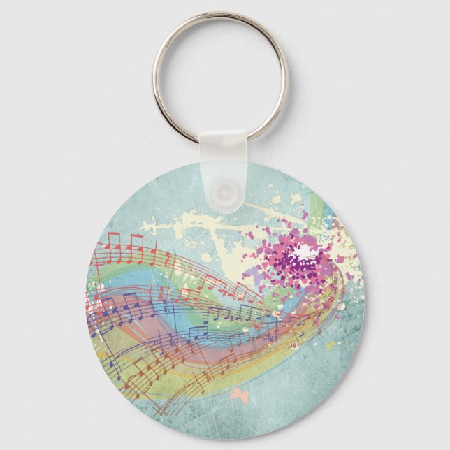 Retro Rainbow and Music Notes on a Shabby Texture Key Ring (Front)