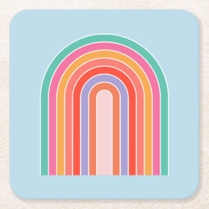 Retro Rainbow Colourful Blue Square Paper Coaster