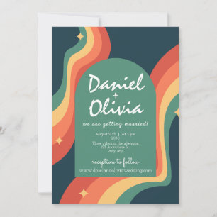 Retro Rainbow Corner with QR Photo Wedding Invitation