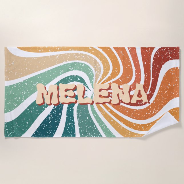 Retro Rainbow Custom Name Vintage Beach Towel (Front)