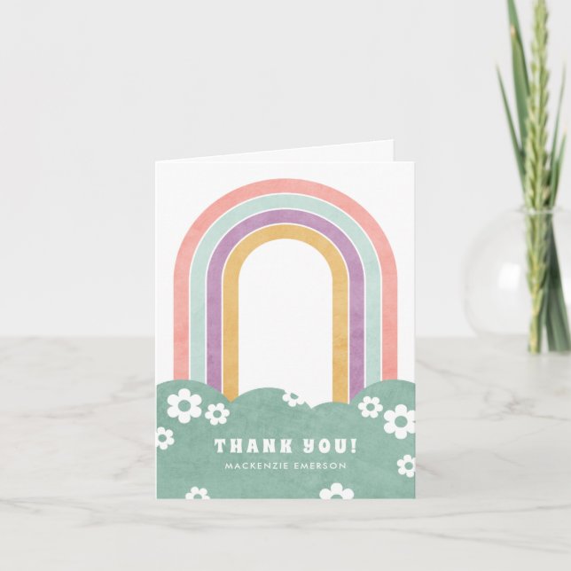 Retro Rainbow & Daisies Thank You Card - Mint (Front)