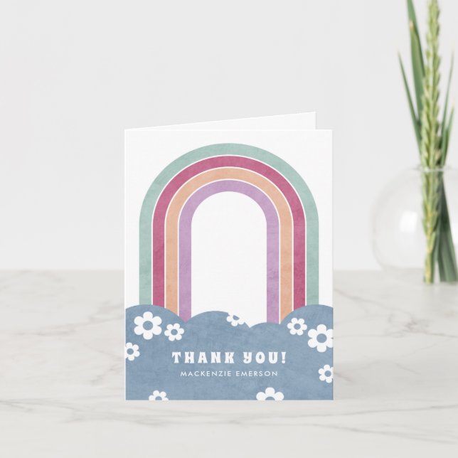 Retro Rainbow & Daisies Thank You Card - Mulberry (Front)