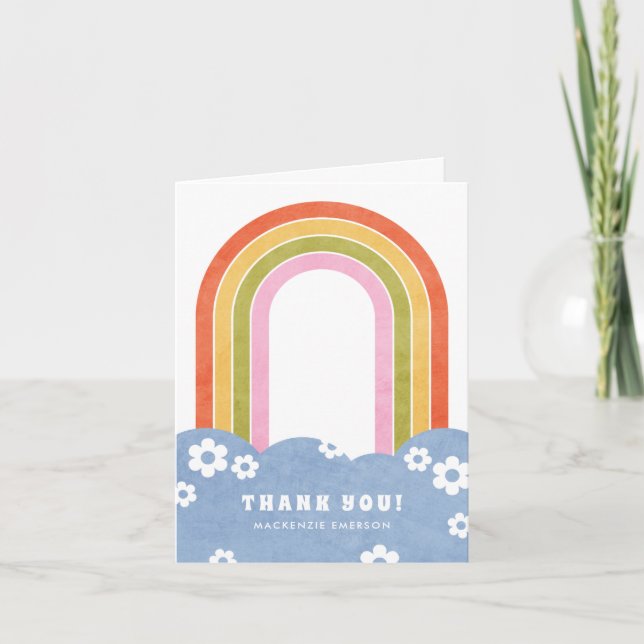 Retro Rainbow & Daisies Thank You Card - Red (Front)