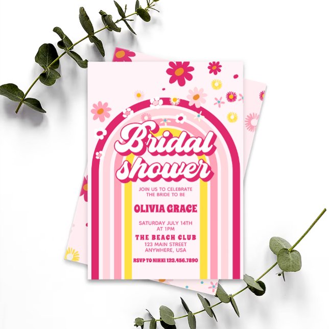 Retro Rainbow Daisy Groovy Pink Bridal Shower Invitation (Creator Uploaded)