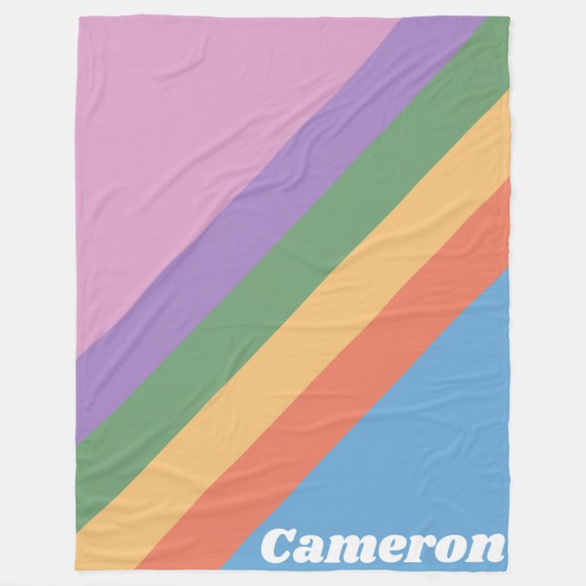 Retro Rainbow Diagonal Stripes Personalised Fleece Blanket (Front)