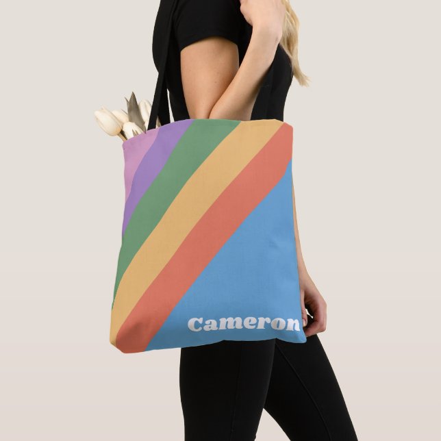 Retro Rainbow Diagonal Stripes Personalised Tote Bag (Close Up)