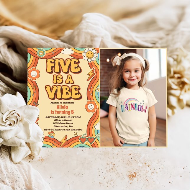 Retro Rainbow Five is a Vibe Groovy 5th Birthday  Invitation (Creator Uploaded)