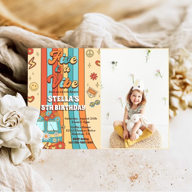 Retro Rainbow Five is a Vibe Groovy 5th Birthday  Invitation (Creator Uploaded)