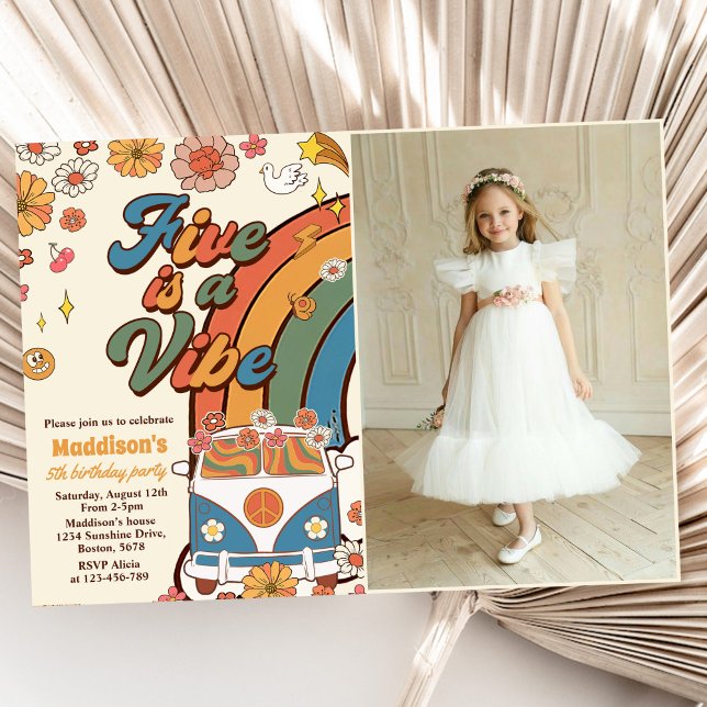 Retro Rainbow Five is a Vibe Groovy 5th Birthday  Invitation (Creator Uploaded)