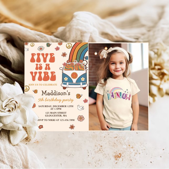 Retro Rainbow Five is a Vibe Groovy 5th Birthday  Invitation (Creator Uploaded)