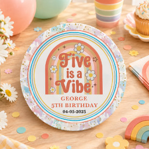 Retro Rainbow FIVE is a Vibe Groovy 5th Birthday Paper Plate