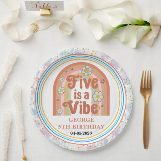 Retro Rainbow FIVE is a Vibe Groovy 5th Birthday Paper Plate