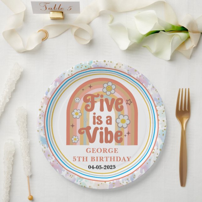 Retro Rainbow FIVE is a Vibe Groovy 5th Birthday Paper Plate (Wedding)