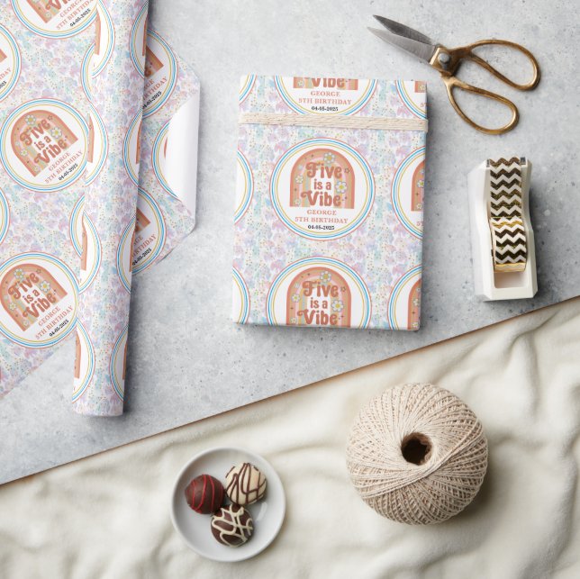 Retro Rainbow FIVE is a Vibe Groovy 5th Birthday Wrapping Paper (Crafts)