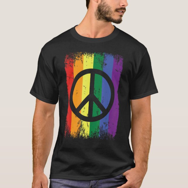 Retro Rainbow Flag Peace Sign Gay Lesbian Lgbt Pri T-Shirt (Front)