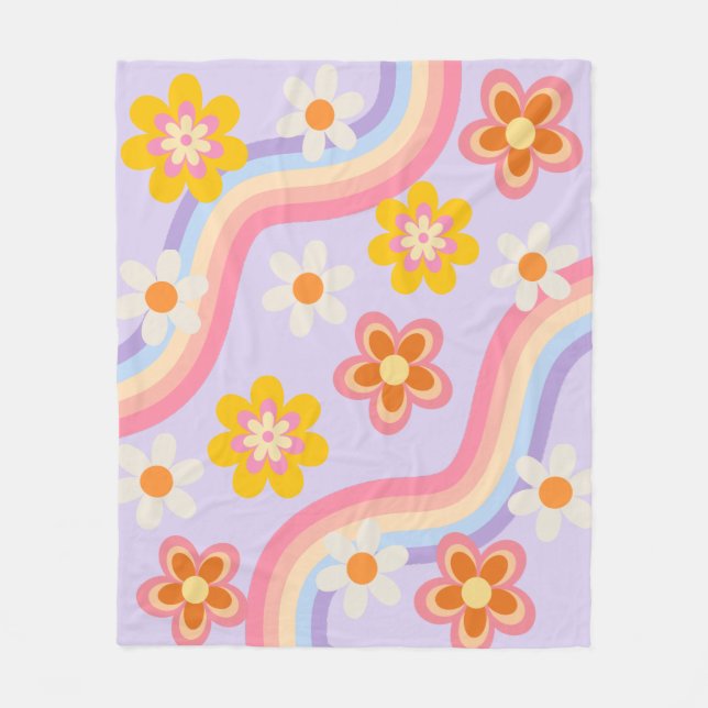 Retro Rainbow floral Fleece Blanket (Front)