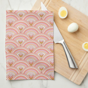 Retro Rainbow Flowers Pink & Coral Tea Towel