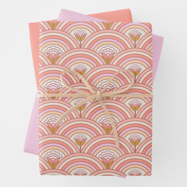 Retro Rainbow Flowers Pink & Coral Wrapping Paper Sheet (In situ)