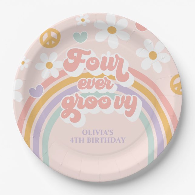 Retro Rainbow Four Ever Groovy 4th Birthday Paper Plate (Front)