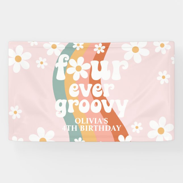 Retro Rainbow Four Ever Groovy Daisy 4TH Banner (Horizontal)