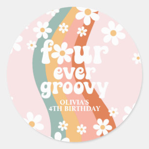 Retro Rainbow Four Ever Groovy Daisy Classic Round Sticker