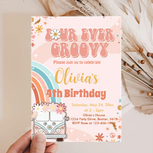Retro Rainbow Groovy 4th Birthday Invitation
