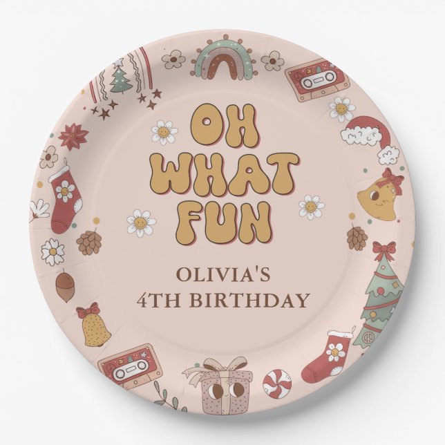 Retro Rainbow Groovy Christmas Birthday Party Paper Plate (Front)