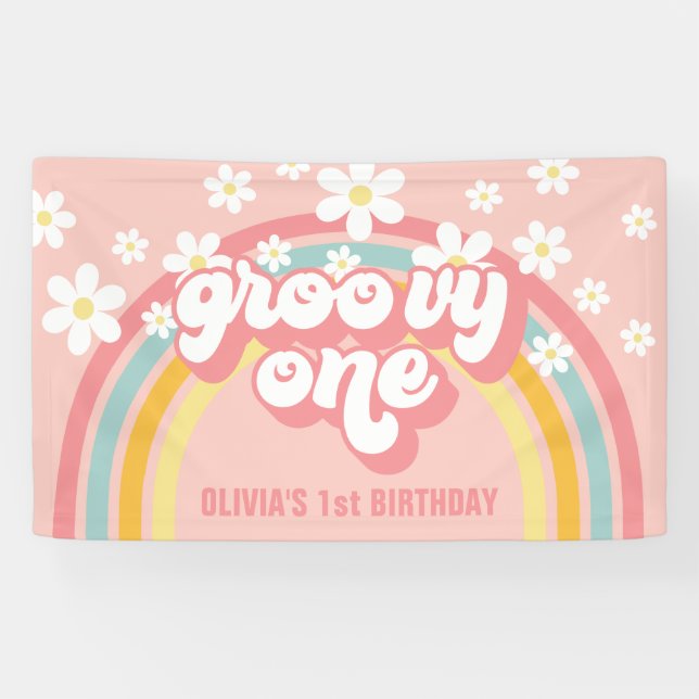 Retro Rainbow Groovy One 1st Birthday Banner (Horizontal)