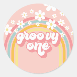 Retro Rainbow Groovy One 1st Birthday Classic Round Sticker