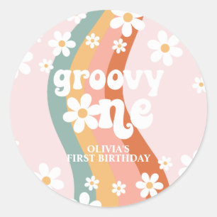 Retro Rainbow Groovy One Daisy Classic Round Sticker