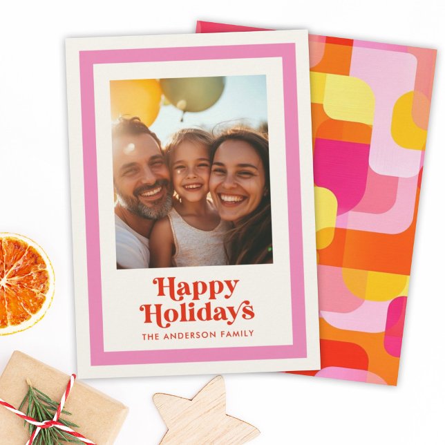 Retro Rainbow Happy Holidays Pink Frame 1 Photo Holiday Card (Creator Uploaded)