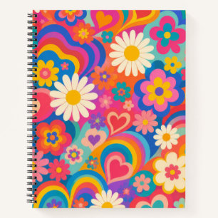 Retro Rainbow Hearts and Flowers Notebook