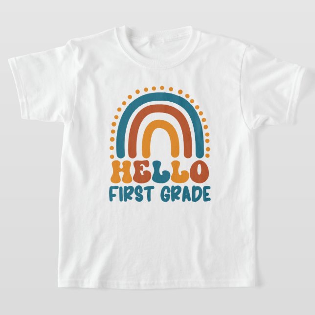 Retro Rainbow Hello First Grade boho colourful T-Shirt (Laydown)