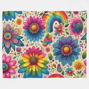Retro Rainbow Hippie Floral Fleece Blanket