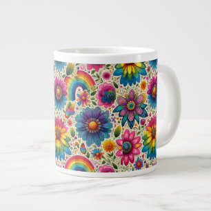 Retro Rainbow Hippie Floral Large Coffee Mug